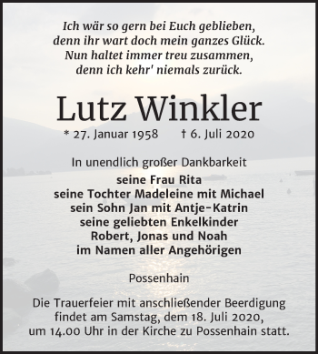 Traueranzeige von Lutz Winkler von Mitteldeutsche Zeitung Weißenfels