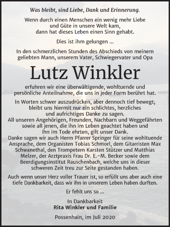 Traueranzeige von Lutz Winkler von Wochenspiegel Naumburg/Nebra