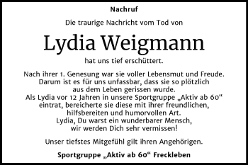 Traueranzeige von Lydia Weigmann von Mitteldeutsche Zeitung Aschersleben