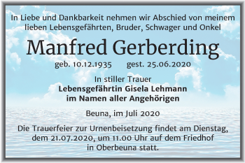 Traueranzeige von Manfred Gerberding von Mitteldeutsche Zeitung Weißenfels