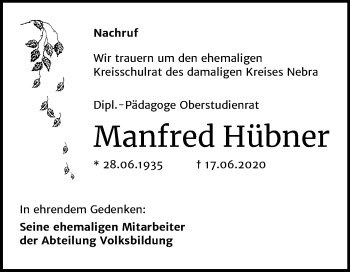 Traueranzeige von Manfred Hübner von Mitteldeutsche Zeitung Naumburg/Nebra
