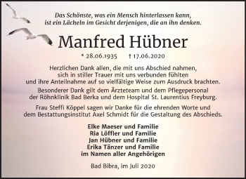 Traueranzeige von Manfred Hübner von Mitteldeutsche Zeitung Naumburg/Nebra