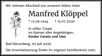 Traueranzeige von Manfred Klöppel von Mitteldeutsche Zeitung Merseburg/Querfurt