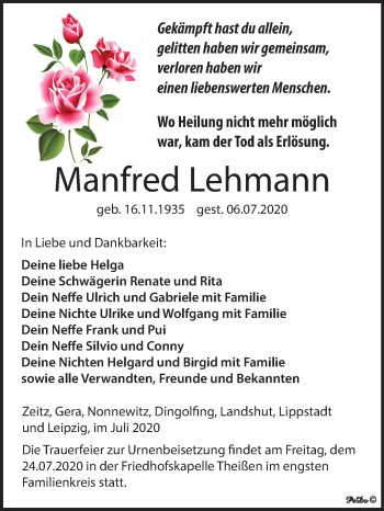 Traueranzeige von Manfred Lehmann von Super Sonntag Zeitz