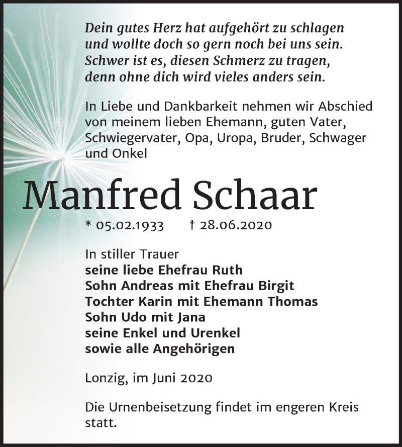  Traueranzeige für Manfred Schaar vom 04.07.2020 aus Super Sonntag Zeitz