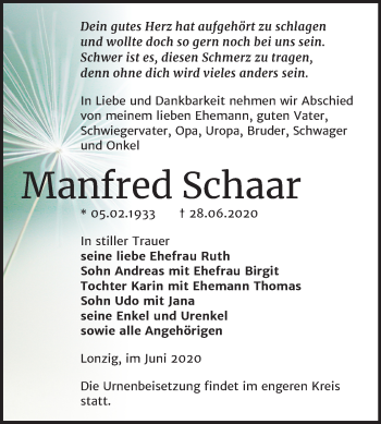 Traueranzeige von Manfred Schaar von Mitteldeutsche Zeitung Zeitz