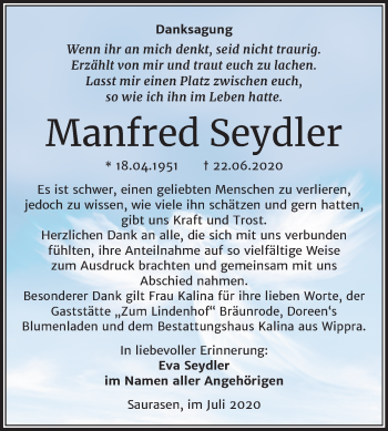 Traueranzeige von Manfred Seydler von Mitteldeutsche Zeitung Mansfelder Land