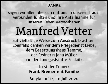 Traueranzeige von Manfred Vetter von Wochenspiegel Bitterfeld