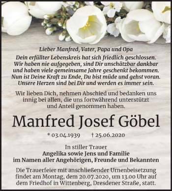 Traueranzeige von Manfred Josef Göbel von Mitteldeutsche Zeitung Wittenberg