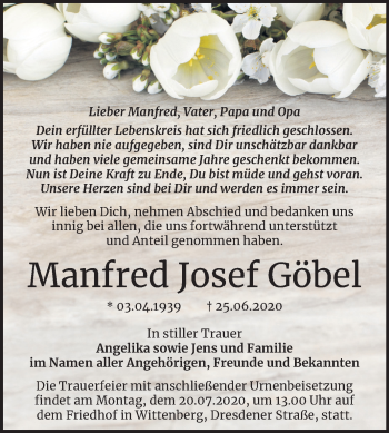 Traueranzeige von Manfred Josef Göbel von Super Sonntag Wittenberg