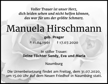 Traueranzeige von Manuela Hirschmann von Wochenspiegel Naumburg/Nebra