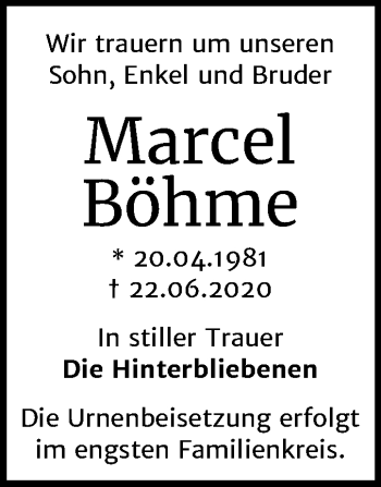 Traueranzeige von Marcel Böhme von Super Sonntag Bernburg