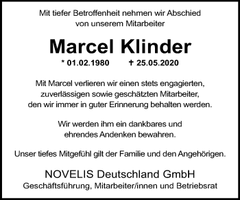 Traueranzeige von Marcel Klinder von Super Sonntag Aschersleben / Quedlinburg