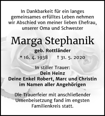 Traueranzeige von Marga Stephanik von Mitteldeutsche Zeitung Halle/Saalkreis