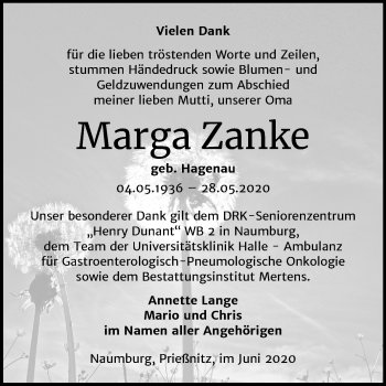 Traueranzeige von Marga Zanke von Wochenspiegel Naumburg/Nebra