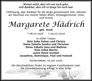 Traueranzeige von Margarete Hädrich von Mitteldeutsche Zeitung Aschersleben