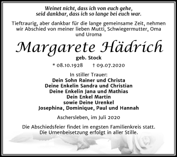 Traueranzeige von Margarete Hädrich von Super Sonntag Aschersleben