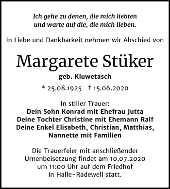 Traueranzeige von Margarete Stüker von Mitteldeutsche Zeitung Halle/Saalkreis