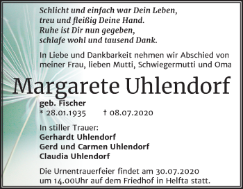 Traueranzeige von Margarete Uhlendorf von Super Sonntag Mansfelder Land