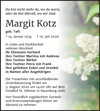 Traueranzeige von Margit Kotz von Wochenspiegel Naumburg/Nebra