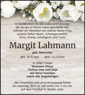 Traueranzeige von Margit Lahmann von Mitteldeutsche Zeitung Köthen