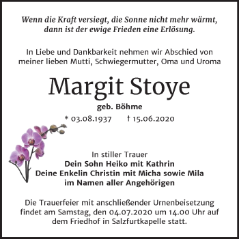 Traueranzeige von Margit Stoye von Wochenspiegel Bitterfeld