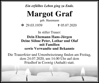 Traueranzeige von Margot Graf von Mitteldeutsche Zeitung Dessau-Roßlau
