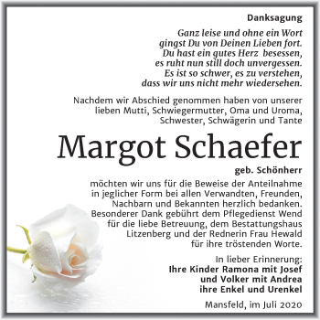 Traueranzeige von Margot Schaefer von Mitteldeutsche Zeitung Mansfelder Land