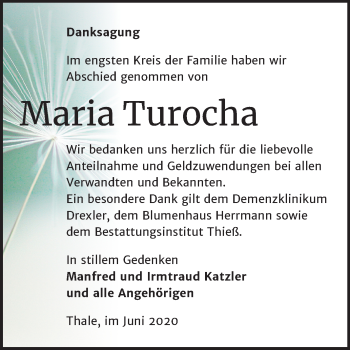 Traueranzeige von Maria Turocha von Super Sonntag Quedlinburg