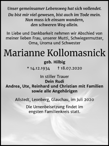 Traueranzeige von Marianne Kollomasnick von Mitteldeutsche Zeitung Sangerhausen