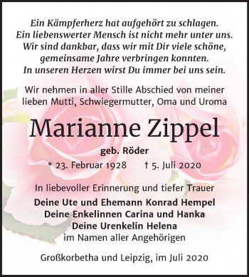Traueranzeige von Marianne Zippel von Mitteldeutsche Zeitung Zeitz