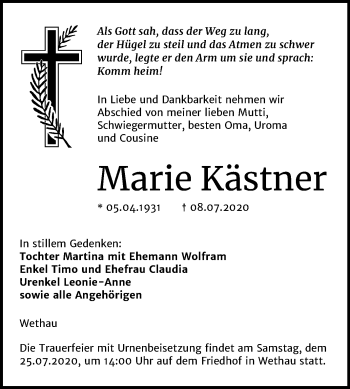 Traueranzeige von Marie Kästner von Wochenspiegel Naumburg/Nebra