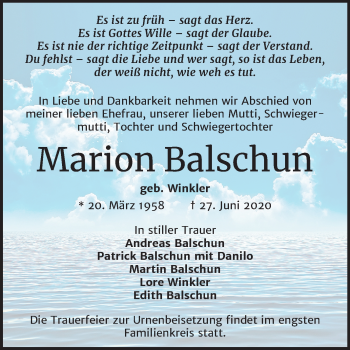 Traueranzeige von Marion Balschun von Mitteldeutsche Zeitung Halle/Saalkreis