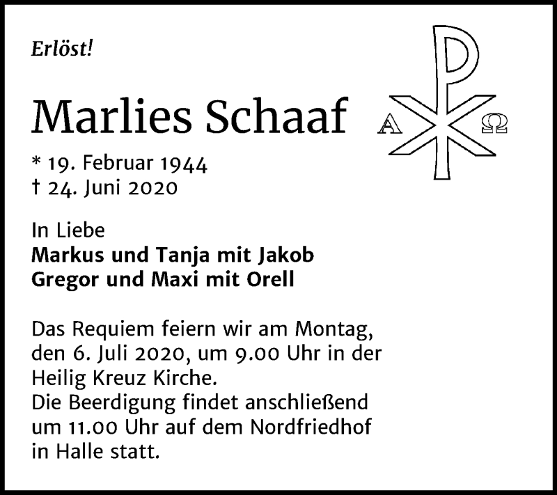  Traueranzeige für Marlies Schaaf vom 01.07.2020 aus Mitteldeutsche Zeitung Halle/Saalkreis