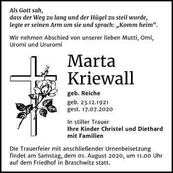 Traueranzeige von Marta Kriewall von Mitteldeutsche Zeitung Halle/Saalkreis
