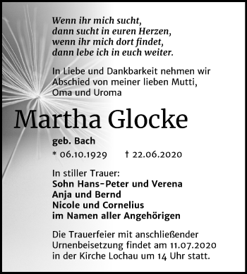 Traueranzeige von Martha Glocke von Mitteldeutsche Zeitung Merseburg/Querfurt