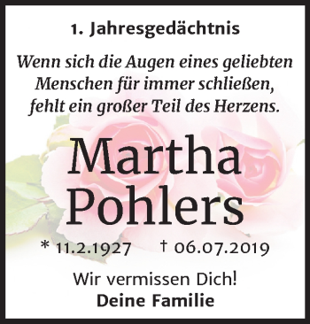 Traueranzeige von Martha Pohlers von Mitteldeutsche Zeitung Halle/Saalkreis