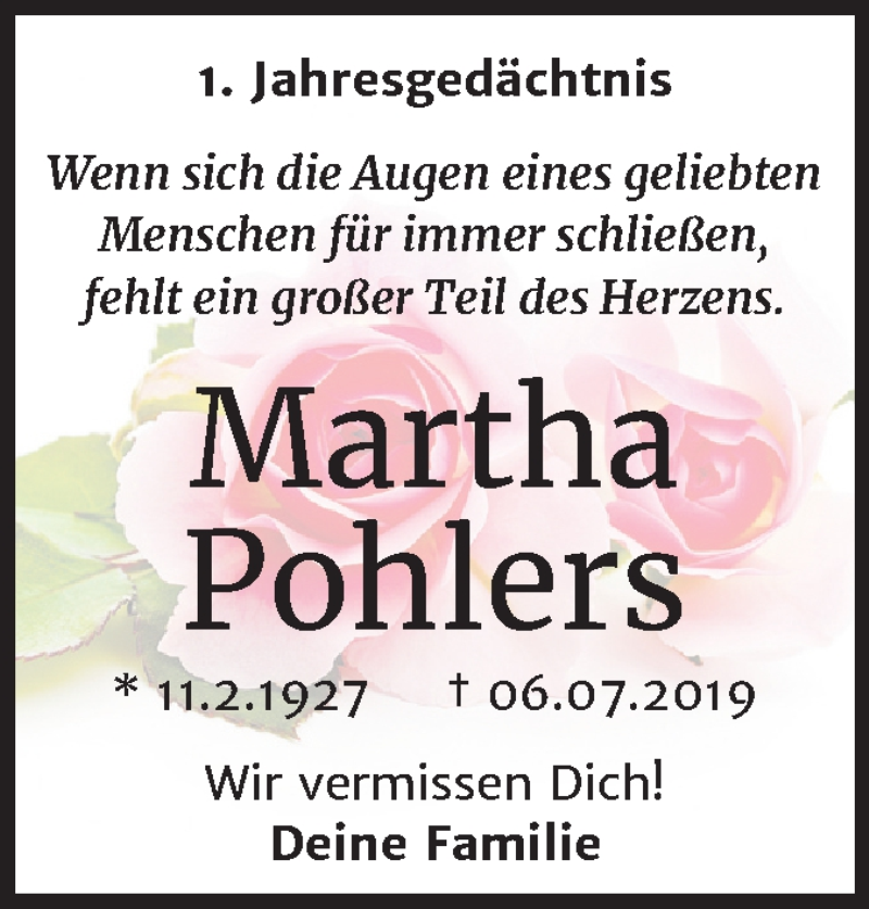  Traueranzeige für Martha Pohlers vom 06.07.2020 aus Mitteldeutsche Zeitung Halle/Saalkreis