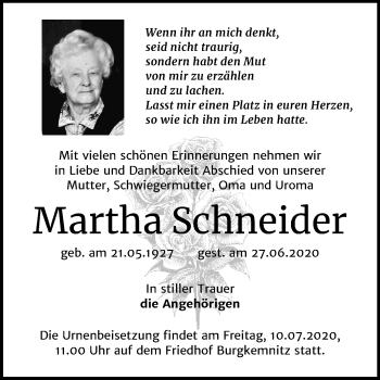 Traueranzeige von Martha Schneider von Wochenspiegel Bitterfeld