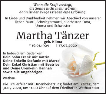 Traueranzeige von Martha Tänzer von Wochenspiegel Naumburg/Nebra