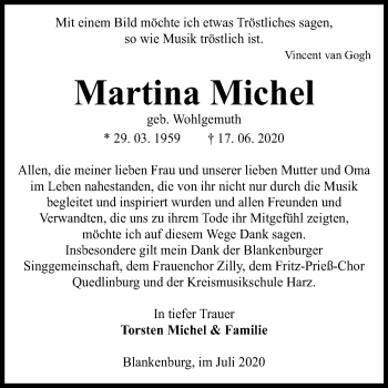 Traueranzeige von Martina Michel von Mitteldeutsche Zeitung Quedlinburg