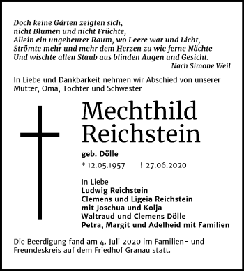Traueranzeige von Mechthild Reichstein von Mitteldeutsche Zeitung Halle/Saalkreis