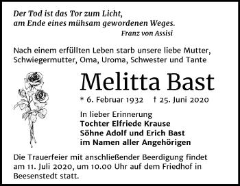 Traueranzeige von Melitta Bast von Mitteldeutsche Zeitung Halle/Saalkreis