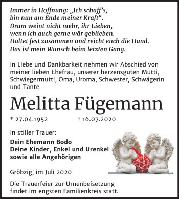 Traueranzeige von Melitta Fügemann von Mitteldeutsche Zeitung Köthen