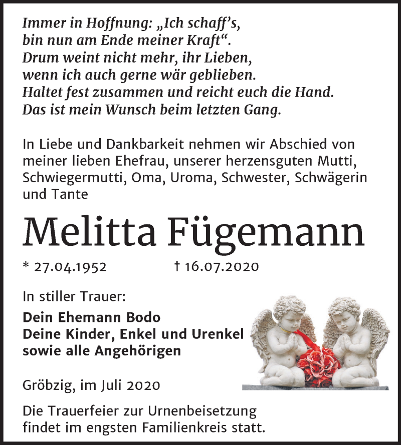  Traueranzeige für Melitta Fügemann vom 25.07.2020 aus Mitteldeutsche Zeitung Köthen