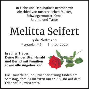 Traueranzeige von Melitta Seifert von Mitteldeutsche Zeitung Köthen