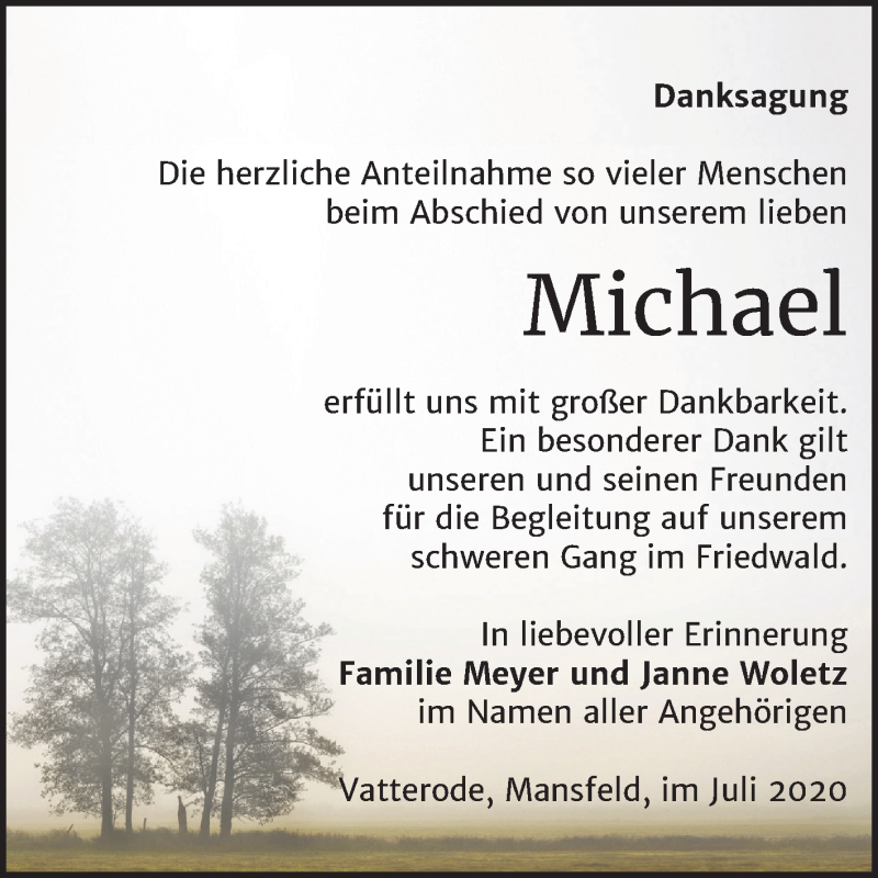  Traueranzeige für Michael  vom 15.07.2020 aus Wochenspiegel Mansfelder Land