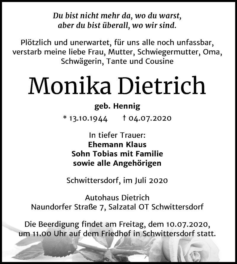  Traueranzeige für Monika Dietrich vom 07.07.2020 aus Mitteldeutsche Zeitung Mansfelder Land / Halle/Saalkreis