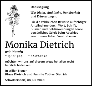 Traueranzeige von Monika Dietrich von Super Sonntag Mansfelder Land