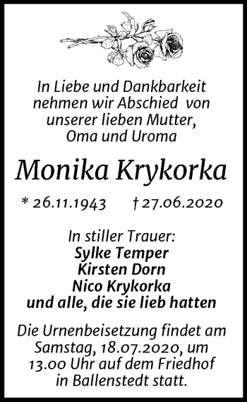 Traueranzeige von Monika Krykorka von Super Sonntag Quedlinburg